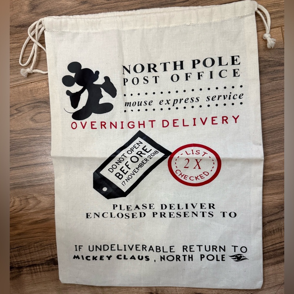 Disney Mickey Mouse North Pole Canvas Drawstring Christmas Gift Bag 2018